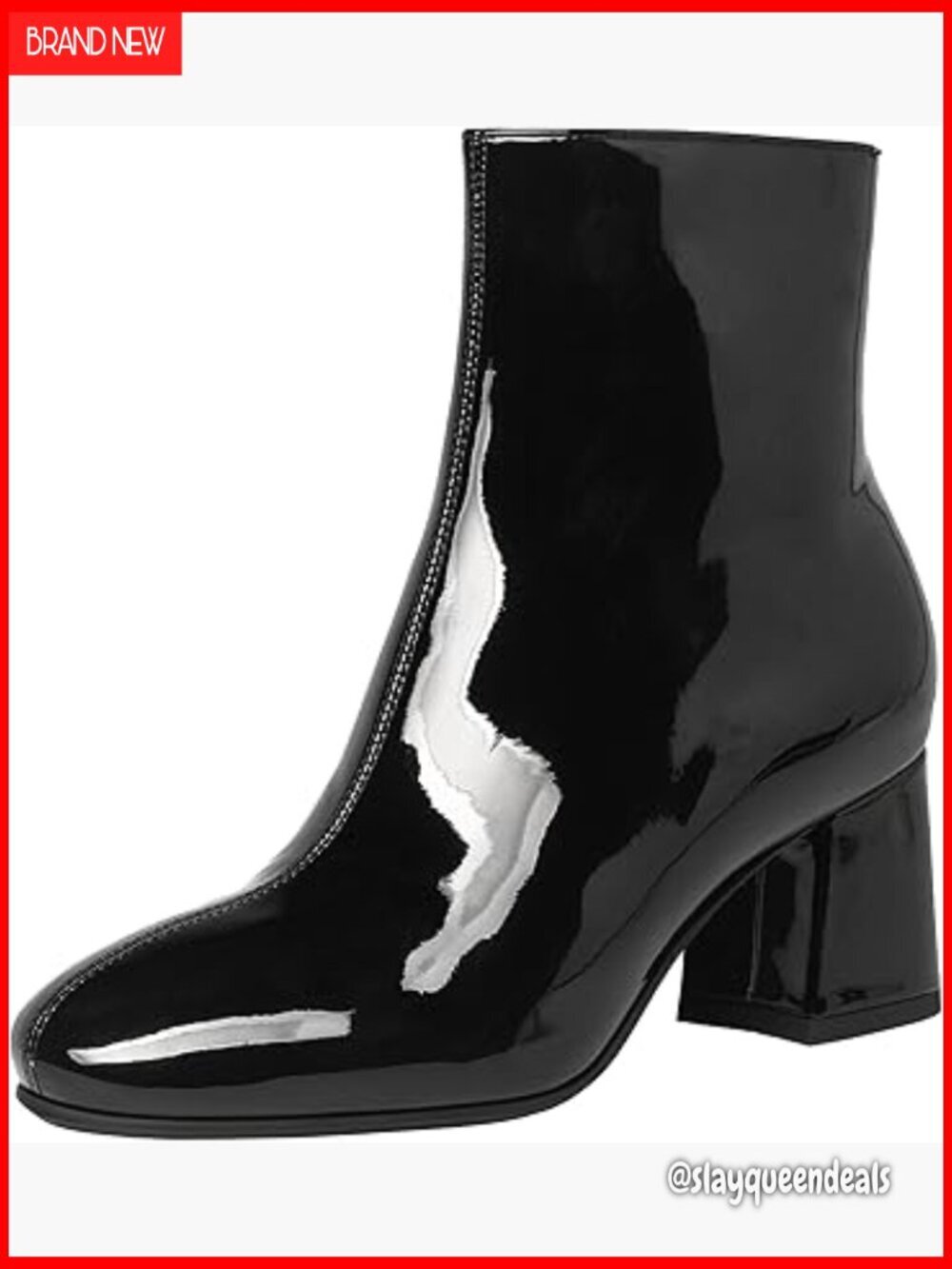 Chunky Heel Ankle Boots Patent Leather Square Toe Zip Up Wide Calf